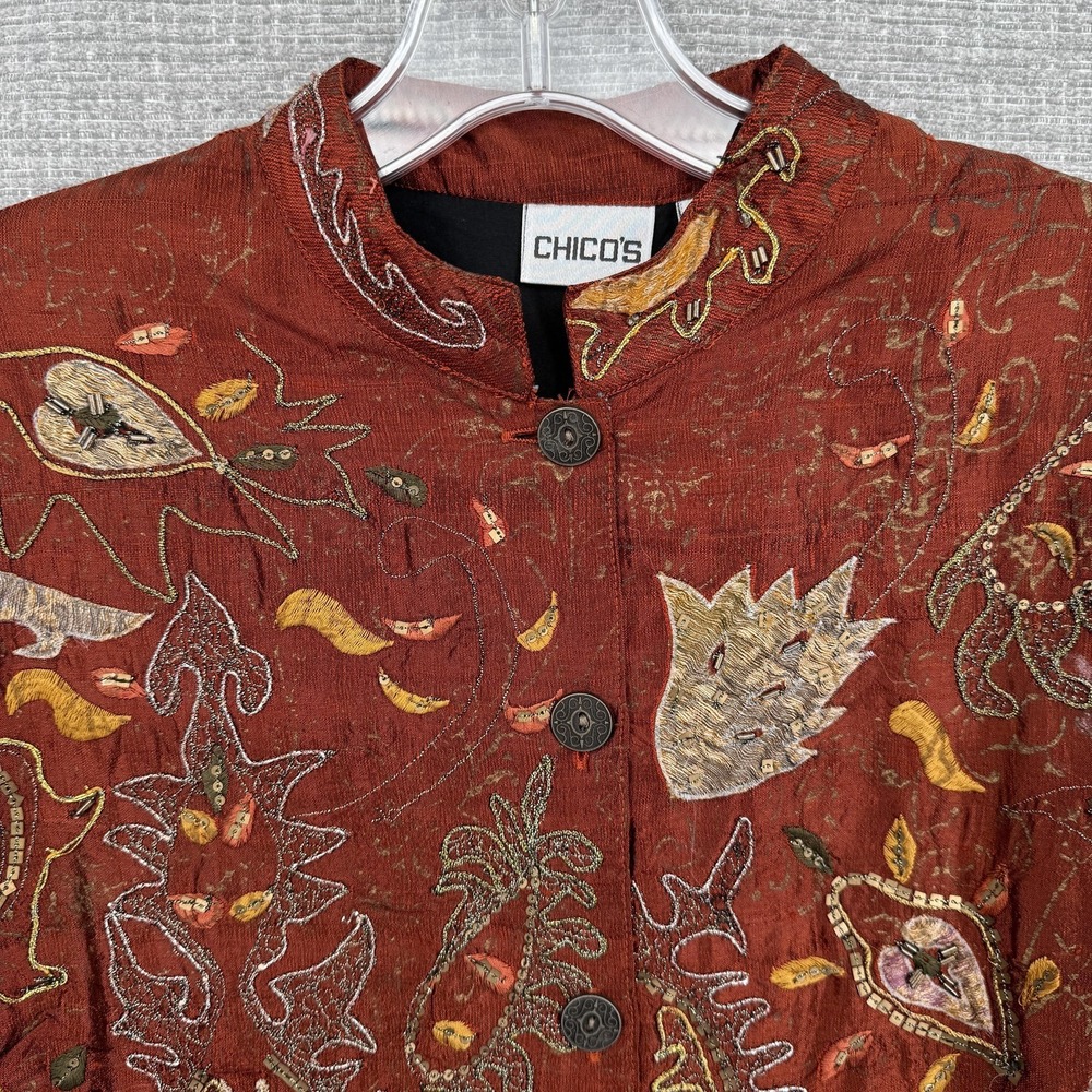 Chico's Jacket Womens M (1) Brown Embroidered Sequin Collared Lined Silk Paisley - Picture 2 of 10